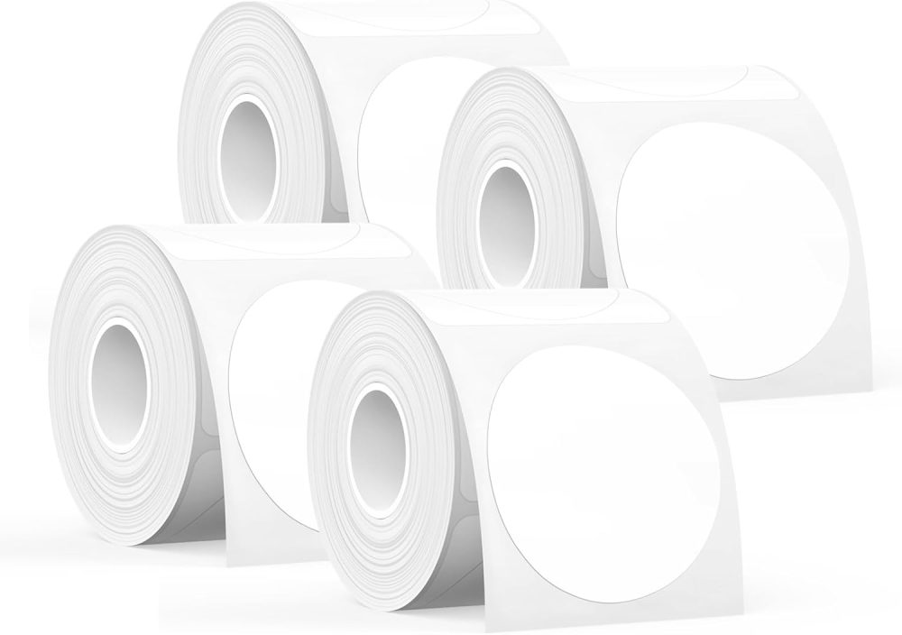 T50M Series Label Maker Tape, 4 Rolls Round Size Φ 2'' 140 Labels/Roll Genuine Laminated Thermal Label Tape Refill, Waterproof Oilproof Highly Adhesive Auto Detect Labels, Black on White