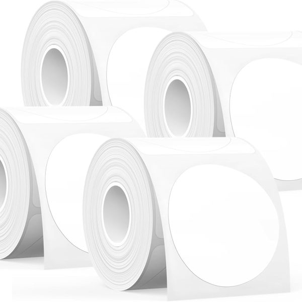 T50M Series Label Maker Tape, 4 Rolls Round Size Φ 2'' 140 Labels/Roll Genuine Laminated Thermal Label Tape Refill, Waterproof Oilproof Highly Adhesive Auto Detect Labels, Black on White