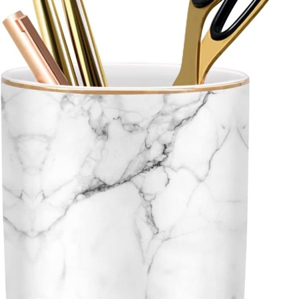 Pen Holder for Desk Cute, Modern Marble Desk Organizer, Durable Ceramic Pencil Cup, Makeup Brush Holder Cup, Multifunctional Office Stationery Holder for Women, Men, White Marble