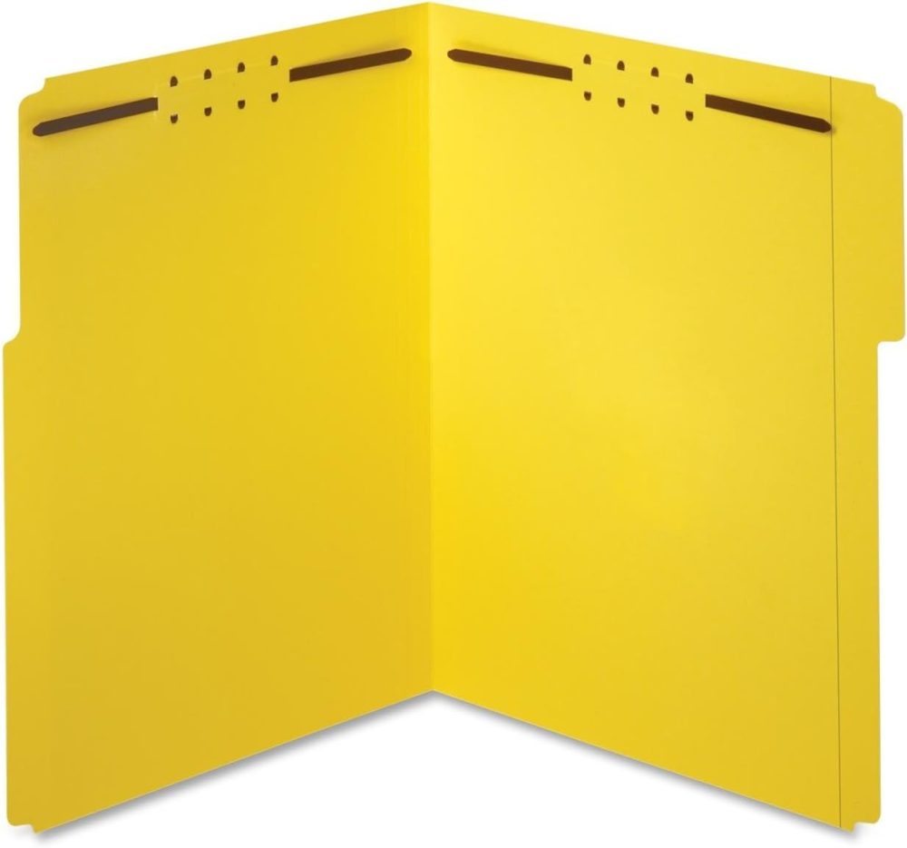 Fastener Folders, 1/3 Cut, Reinforced Tab, 2 Fasteners,  Size, Yellow, 50 Folders Per Box (22940)