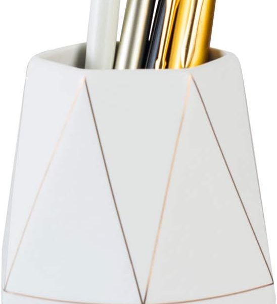 Ceramic Desk Cute Pen Holder Stand Gold Line Pencil Cup Pot Desk Organizer Makeup Brush Holder (White)