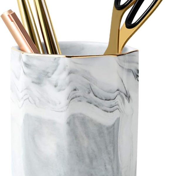 Pen Holder, Pencil Holder for Desk, Marble Desk Organizer Cute, Durable Ceramic Pencil Cup, Decorative Makeup Brush Holder Cup, Stationery Holder for Office, Home, Gray Marble