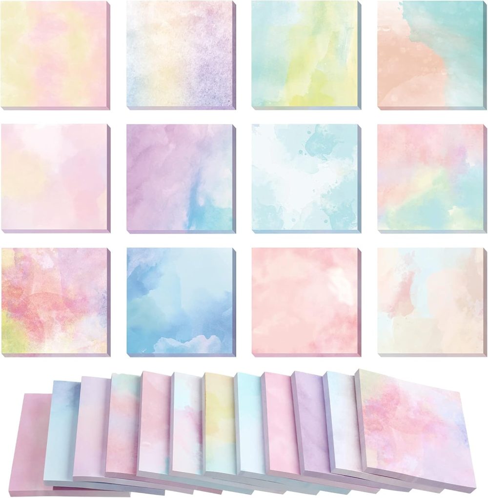 12 Pads 720 Sheets Watercolor Sticky Notes 2.8 x 2.8 Inches Cute Self Stick Note Pads Funny Self Adhesive Memo  for Office School Home Students Teachers Gift (Pastel)