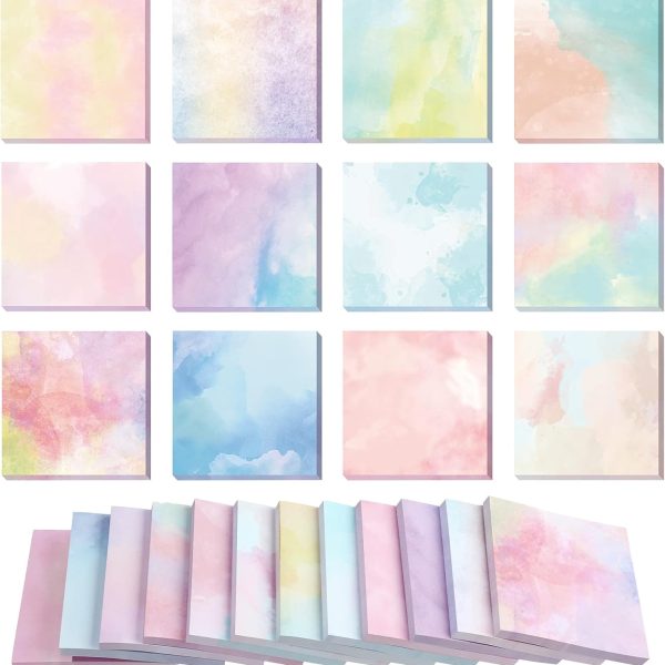 12 Pads 720 Sheets Watercolor Sticky Notes 2.8 x 2.8 Inches Cute Self Stick Note Pads Funny Self Adhesive Memo  for Office School Home Students Teachers Gift (Pastel)