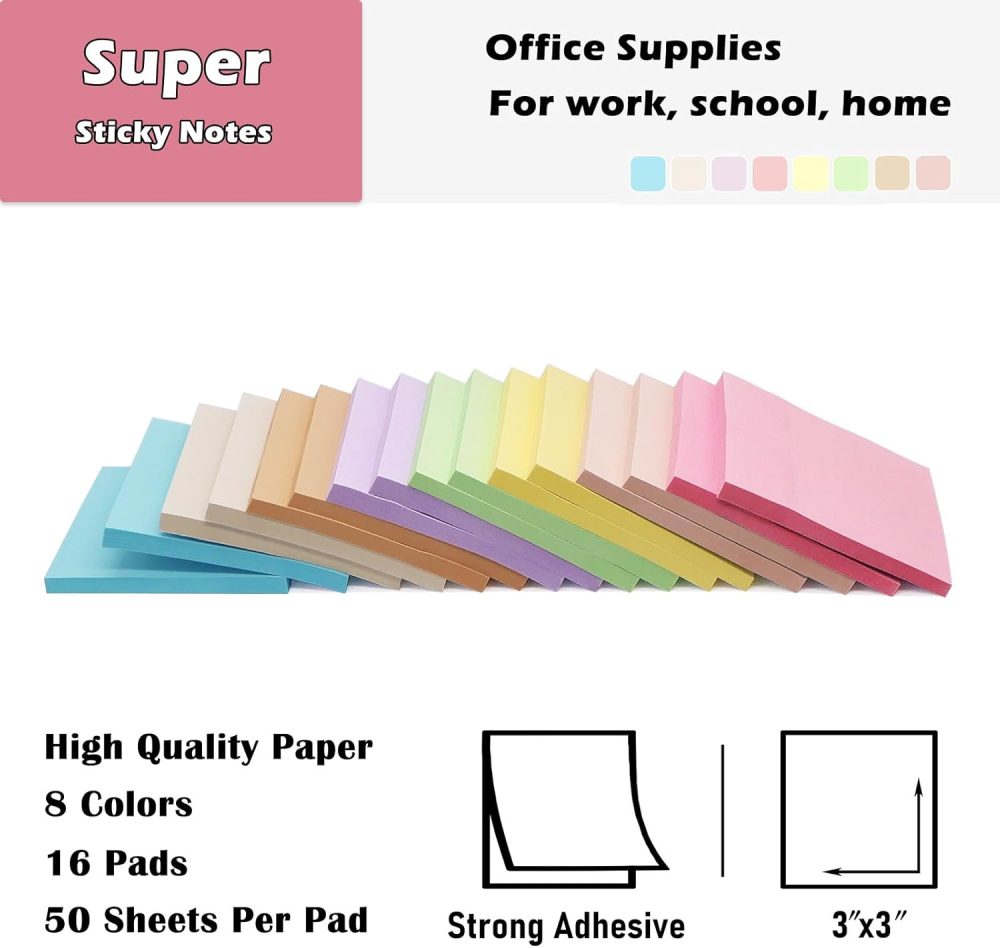 16 Pack Sticky Notes 3x3 in , Pastel Colors Sticky Note Pads, Recyclable, Sticky Notes Bulk Easy to  for Home, Office, Notebook - Image 2