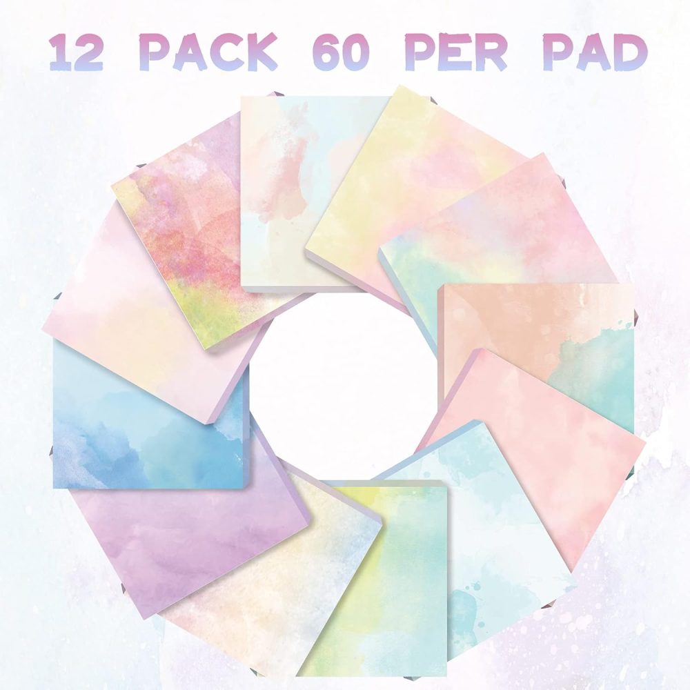 12 Pads 720 Sheets Watercolor Sticky Notes 2.8 x 2.8 Inches Cute Self Stick Note Pads Funny Self Adhesive Memo  for Office School Home Students Teachers Gift (Pastel) - Image 2
