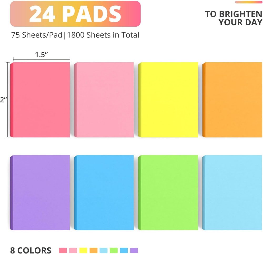 Sticky Notes, 1.5x2 inches, 24 Pads, Bright Mini Self-Stick Note Pads, 8 Colors Small Sticky Pads, Perfect for Office, Study, and Home Life Organization, 75 Sheets/Pad Total 1800 Sheets - Image 2