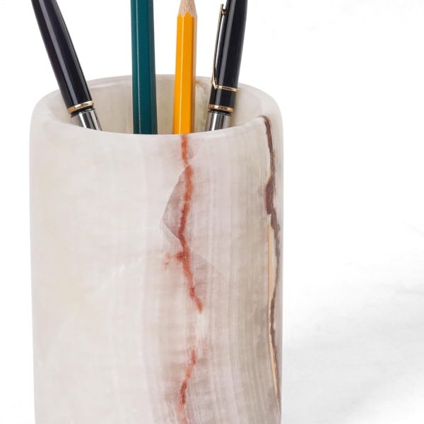 Marble Pen Holder For Desk 4" Inches White Onyx Handmade Makeup Brush Cup for Girls, Bathroom Tumbler Cup, Durable Office & Home Organizer Pencil Holder