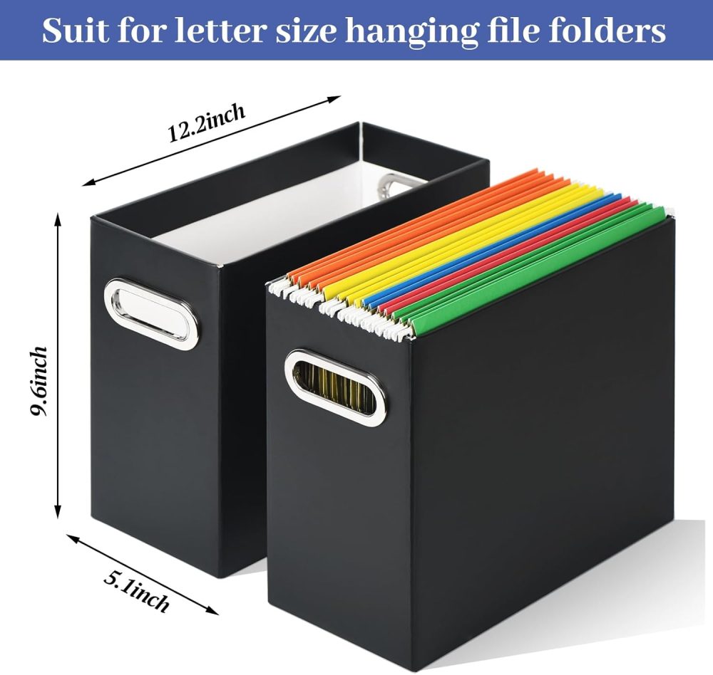 File Organizer, Cardboard File Box for Letter Size Collapsible Hanging File Folder Storage Organizer with Handles for Office/Home/School, Black, 2 Packs - Image 2