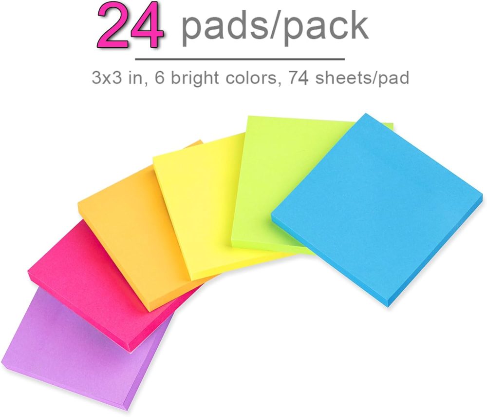 (24 Pack) Sticky Notes 3x3 in  Bright Stickies Colorful Super Sticking Power Memo Pads, Strong Adhesive, 74 Sheets/pad - Image 2