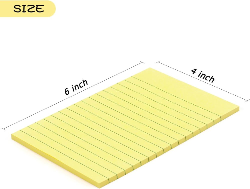 6 Pads Lined Sticky Notes with Lines 4x6 Self-Stick Notes Bright Color Sticky Notes, 45 Sheets/Pad (Yellow) - Image 2