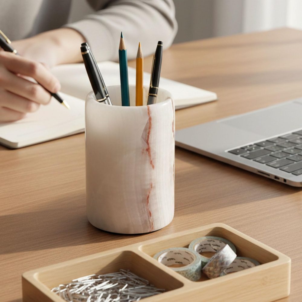 Marble Pen Holder For Desk 4" Inches White Onyx Handmade Makeup Brush Cup for Girls, Bathroom Tumbler Cup, Durable Office & Home Organizer Pencil Holder - Image 2