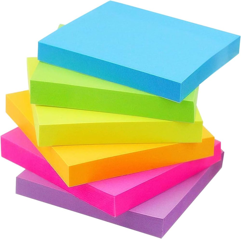 Sticky Notes 6 Bright Color 6 Pads Self-Stick Notes 3 in x 3 in, 100 Sheets/Pad