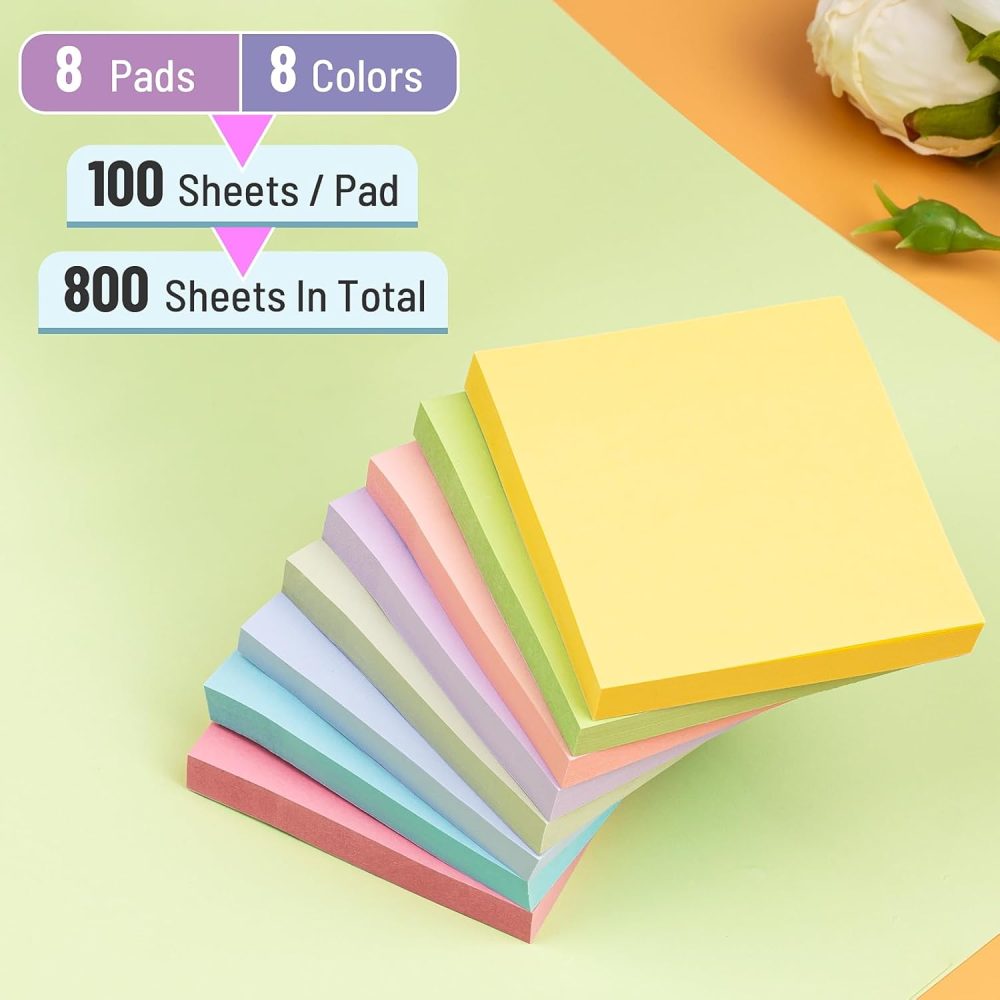 Sticky Notes 3x3 Inches, 8 Pads, 800 Sheets, 8 Color Sticky Note Pads, Premium Sticky Pads, Sticky Notes Bulk, Self-Stick Note Pads, 100 Sheets/pad - Image 2
