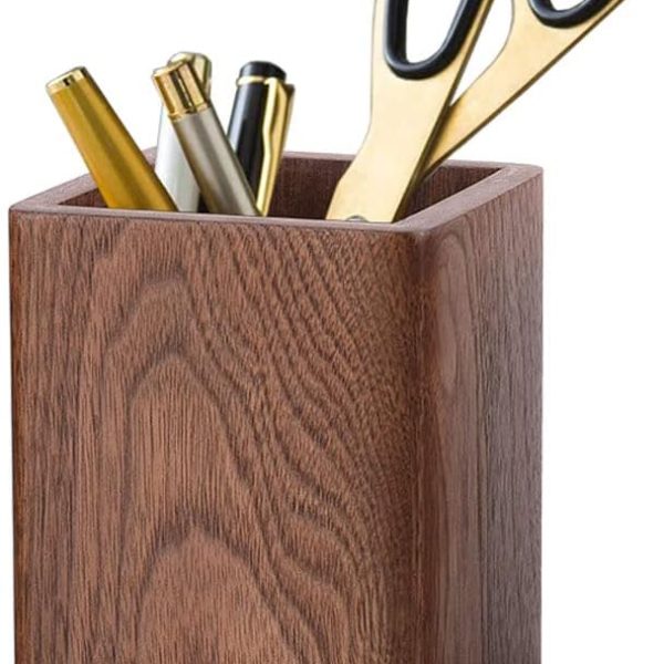 Wooden Pencil Holder, Stationery Organizer, Square Pen Cup Holder, Black Walnut Wood, Handwork, Desk Decoration, for Stationery, Make up Brushes, Desks, Offices (Brown)