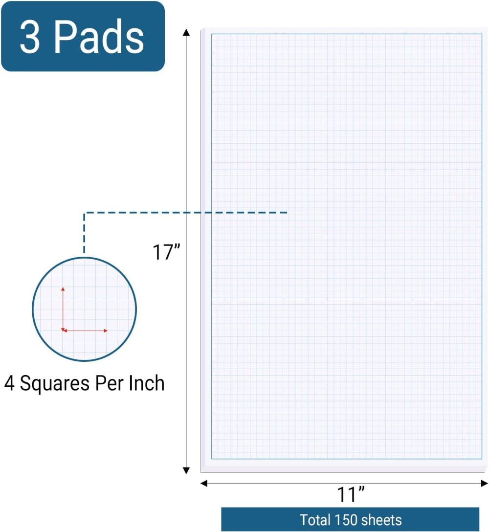 3 Pads 11X17 Inches Graph Paper, Large Grid Paper, Two Side Drafting Paper, Architect Graph Paper, Blueprint Paper(4 Squares Per Inch, 50 Sheets Each Pad) - Image 2