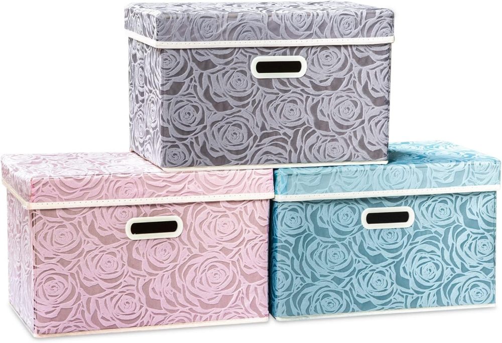 Larger Collapsible Storage Cubes with Lids Fabric Decorative Storage Bins Boxes Organizer Containers Baskets with Cover Handles for Bedroom Closet Living Room 17.7x11.8x11.8 Inch 3 Pack
