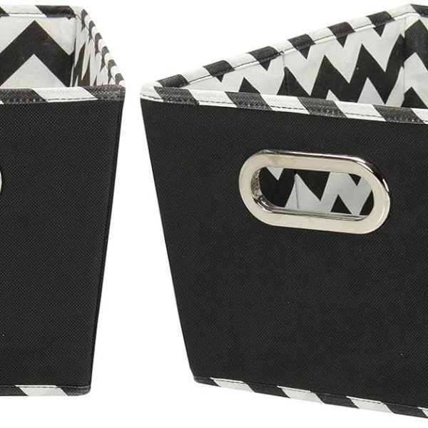 Fabric Storage Bins, Set of 2, Tapered Bins, PP Non-Woven Liner, Dual Grommet Handles, Folds for Compact Self-Storage, Attractive Chevron Print, Black
