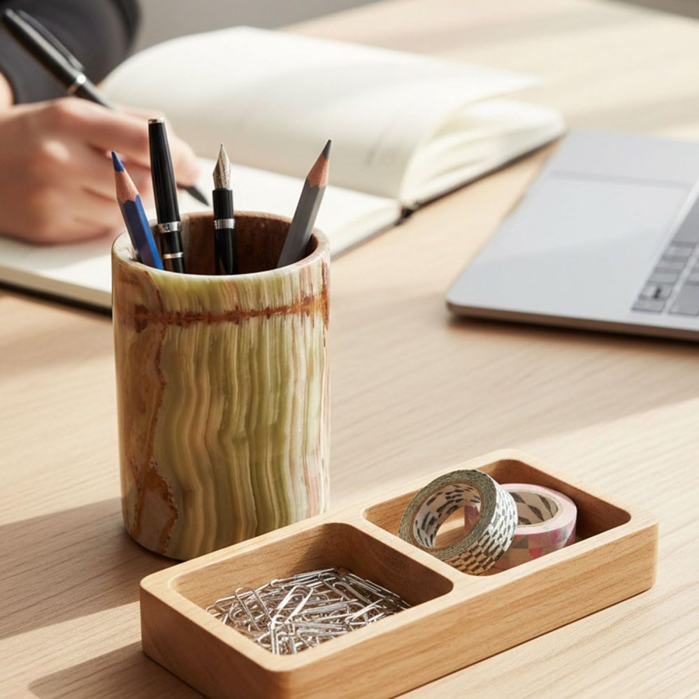 Marble Pen Holder For Desk 4" Inches Green Onyx Handmade Makeup Brush Cup for Girls, Bathroom Tumbler Cup, Durable Office & Home Organizer Pencil Holder - Image 2