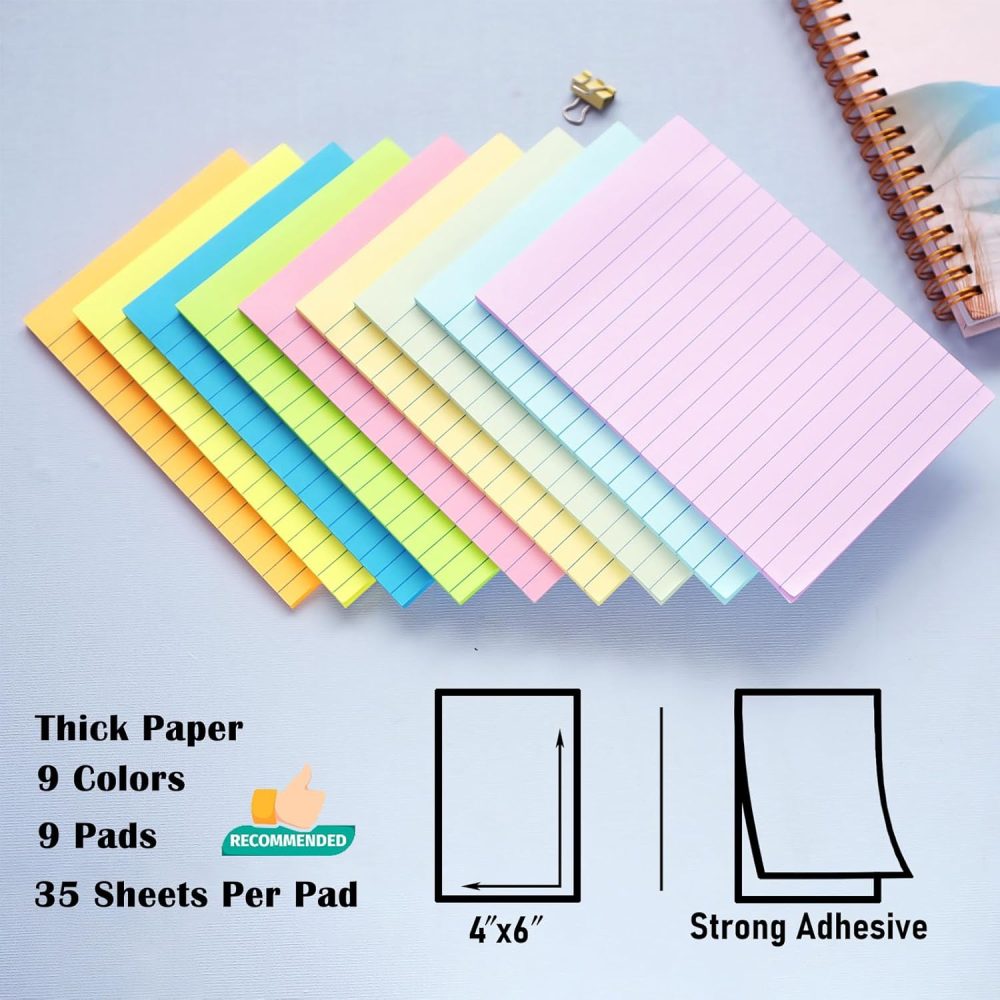 9 Pack Lined Sticky Notes 4X6 in , 9 Pastel Colors Large Ruled  Sticky Colorful Super Sticking Power Memo Pads Strong Adhesive, Sticky Notes with Lines Office, Home, 35 Sheets/pad - Image 2