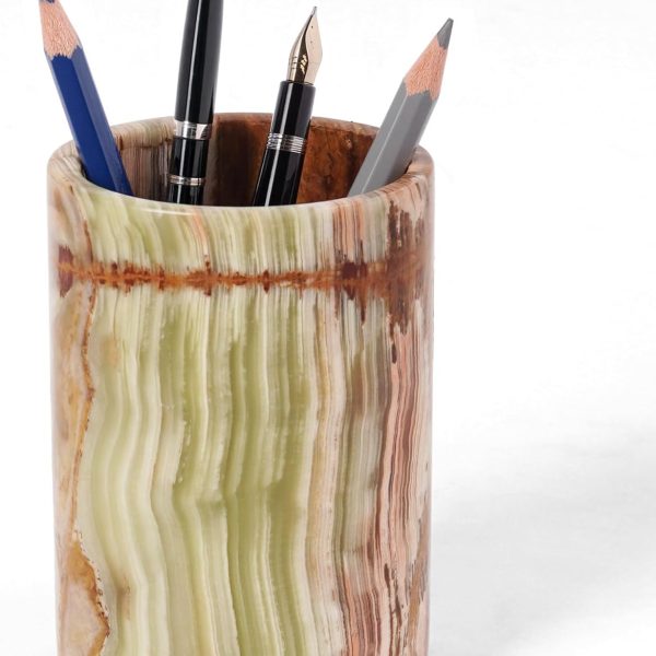 Marble Pen Holder For Desk 4" Inches Green Onyx Handmade Makeup Brush Cup for Girls, Bathroom Tumbler Cup, Durable Office & Home Organizer Pencil Holder