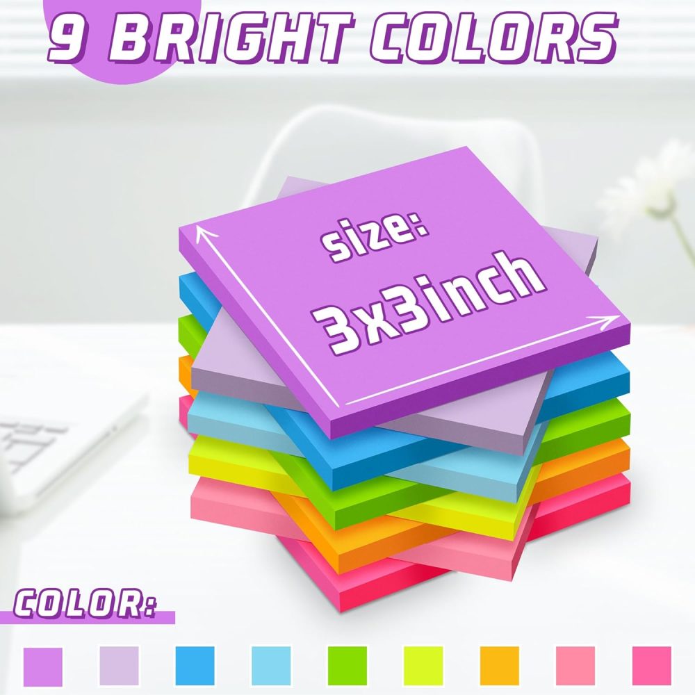 (36 Pack) Sticky Notes 3x3 in , 9 Bright Colors Self-Stick Note Pads it, Strong Adhesive, Easy to  for Home, Office, Notebook - Image 2