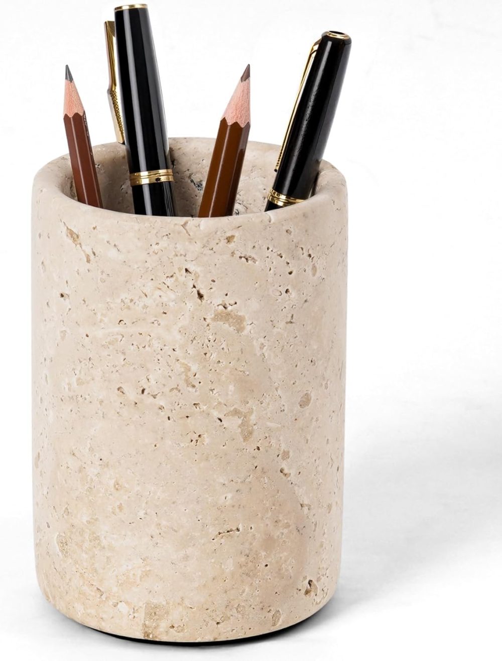 Marble Pen Holder For Desk 4" Inches Travertine Handmade Round Desktop Organizer and Pencil Cup for Office, School, Home and Stationary Supplies
