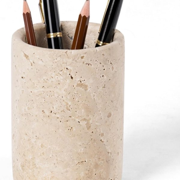 Marble Pen Holder For Desk 4" Inches Travertine Handmade Round Desktop Organizer and Pencil Cup for Office, School, Home and Stationary Supplies