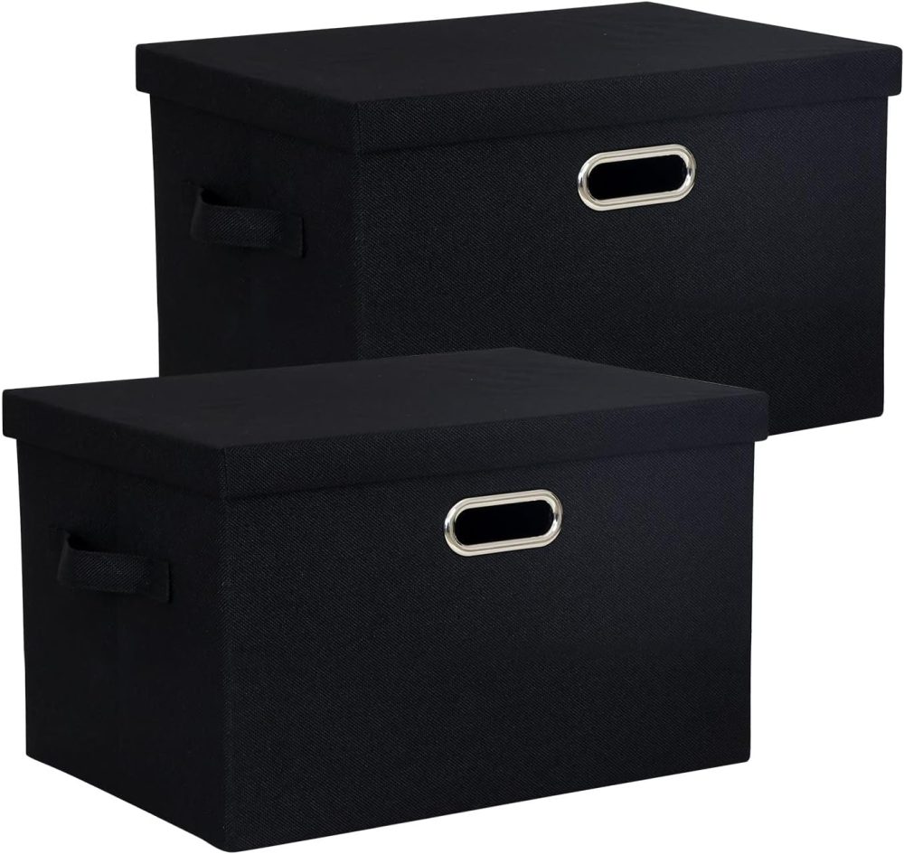 2-Pack Storage Bins with Lid, 16.6x12.3x11.1 Inch Fabric Cube Bins Organizer Basket Foldable Storage Box Containers with Handles for Closet Shelf Home Office Utility Room - Black
