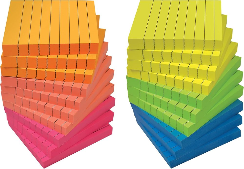 Lined Sticky Notes 3 x 3, 20 Pack Box, 2,000 Sheets (100/Pad), Self Stick Notes with Lines, Bright Assorted Colors,  Memos, Strong Adhesive, 20 Pads in Box