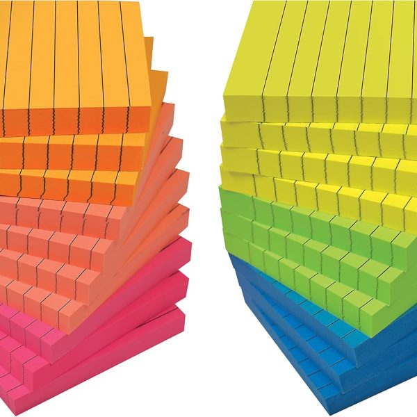 Lined Sticky Notes 3 x 3, 20 Pack Box, 2,000 Sheets (100/Pad), Self Stick Notes with Lines, Bright Assorted Colors,  Memos, Strong Adhesive, 20 Pads in Box