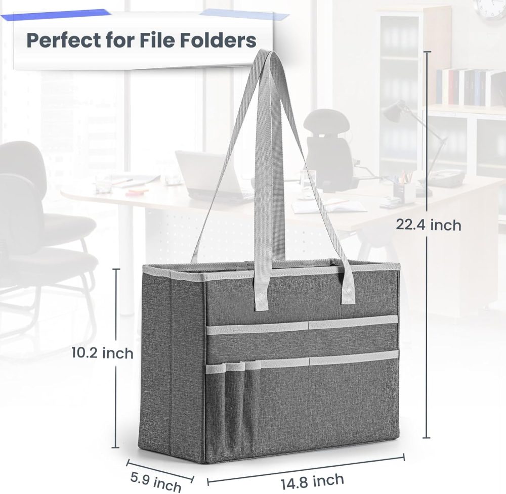 File Organizer Box, Portable Tote Bag Hanging Filing Box Desktop File Folder Document Storage Organizer with Pockets and Handles - Image 2