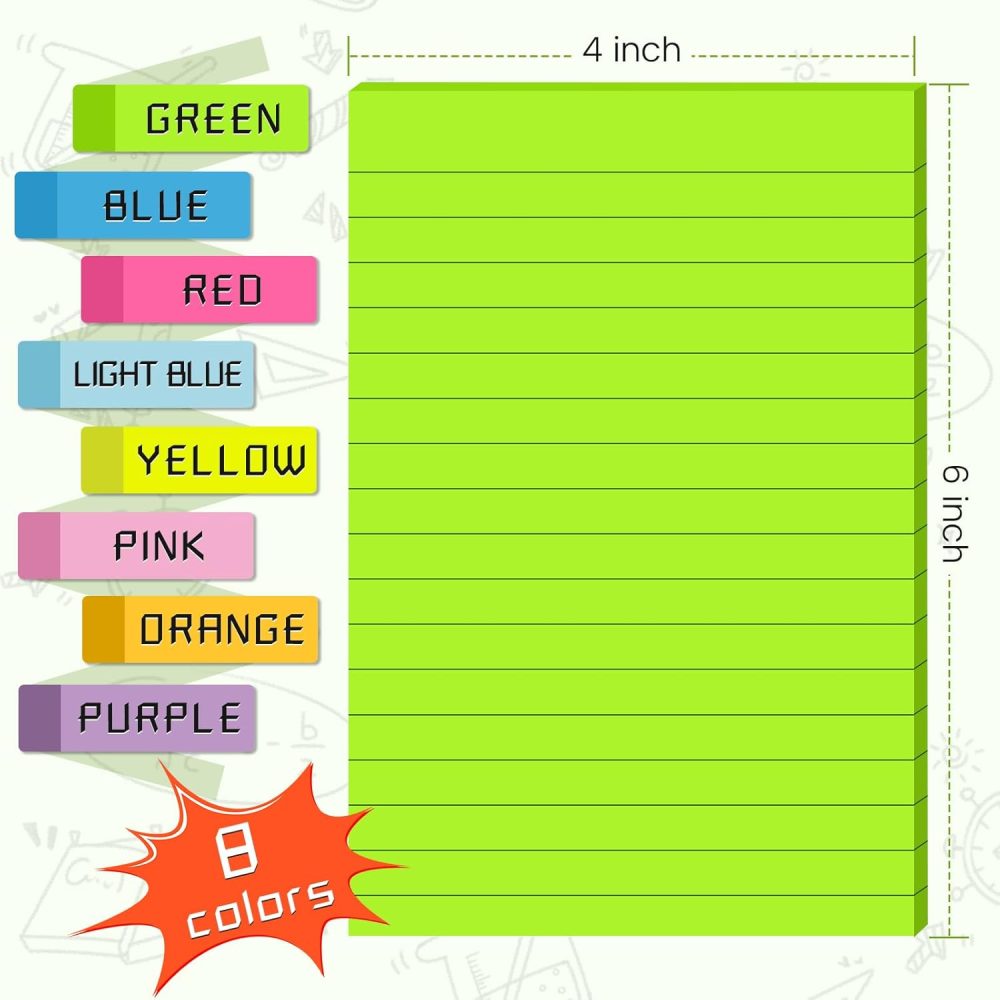 (8 Pads) Lined Sticky Notes 4x6 in , 8 Colors Self Sticky Notes Pad Its, Bright  Stickies Colorful Big Rectangular Sticky Notes for Office, Home, School, Meeting, 40 Sheets/pad - Image 2