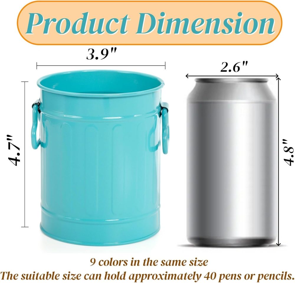 9 Pack Metal Pen Holder, Mini Pencil Bucket with Handle, Desktop Pencil Cup Makeup Brush Organizer, Desk Colorful Small Pails, Stationary Supplies Container for Office Classroom School Crafts - Image 2