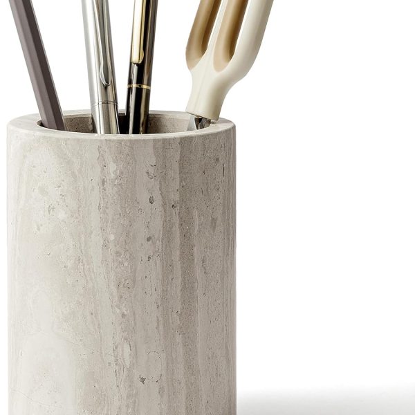 Natural Marble Pen Holder for Desk, Handcrafted Sturdy Desk Organizer with Anti-Slip Base 3.1” x 4.3” – Unique Stone Craft for Office Supplies, Makeup Brushes & Home Decor Grey (WH077)