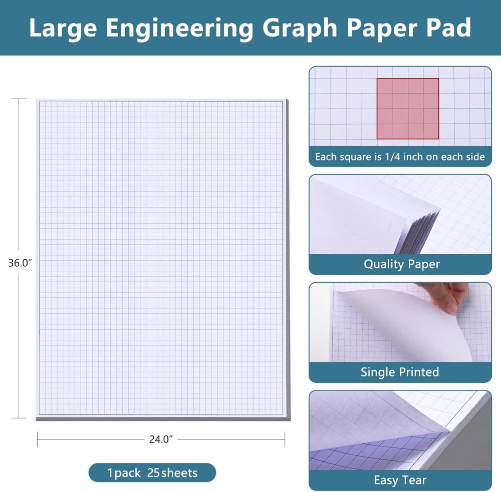 25 Sheets 24"x36" Large Engineering Graph Paper Pad - 1/4" Ruled Grid Paper for Engineering, Architecture-Mathematician Draftsman Paper(Single Printed) - Image 2