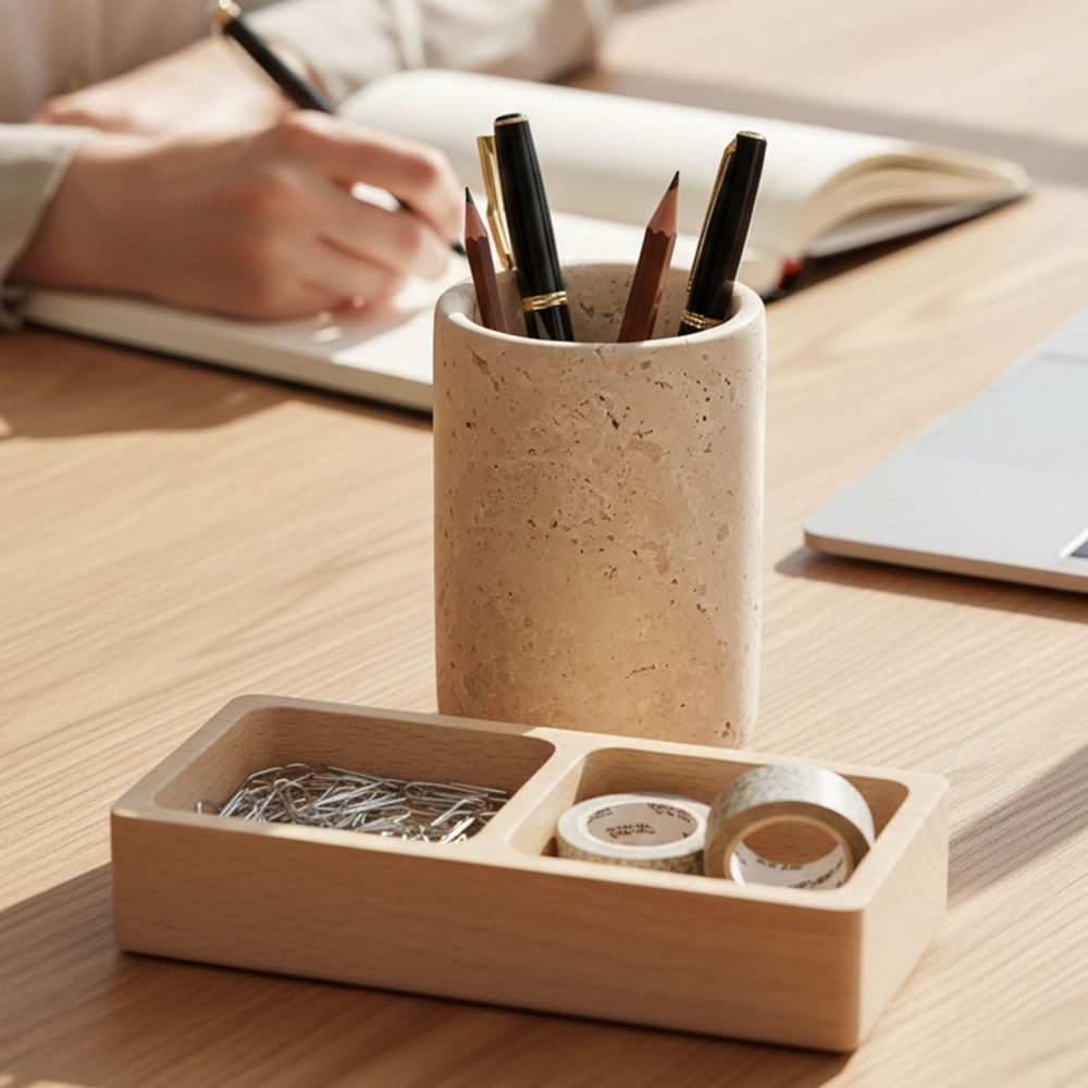 Marble Pen Holder For Desk 4" Inches Travertine Handmade Round Desktop Organizer and Pencil Cup for Office, School, Home and Stationary Supplies - Image 2