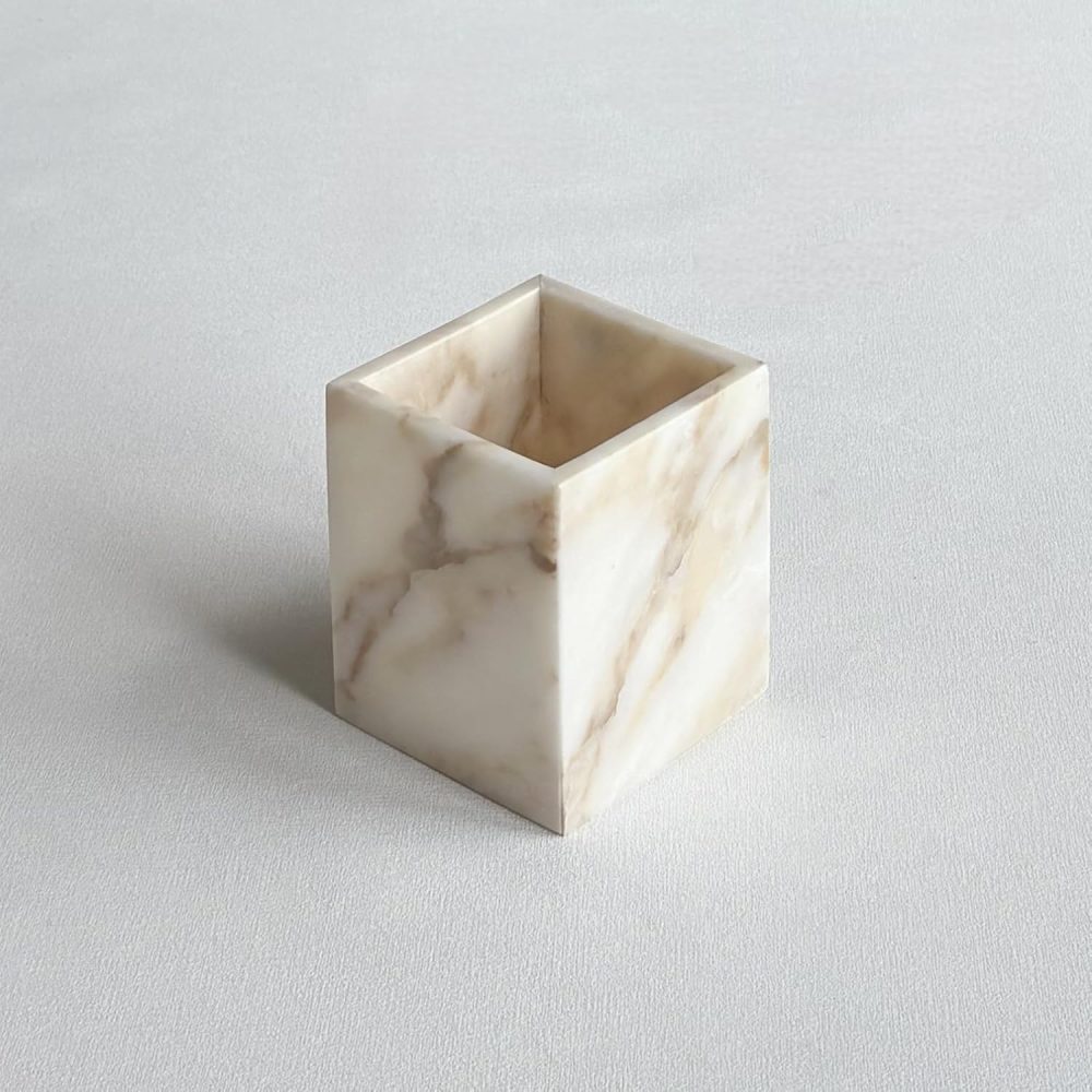 Natural Marble Stone Square Storage Container Empty Vessel Holder Cup for Candle/Pens/Sundries items (Gold)