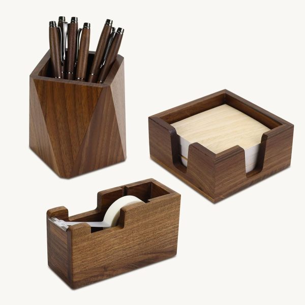 Walnut Wood Sticky Note Holder and Tape Dispenser, Rhombic Pen Holder Desk Accessories for School N Home Office