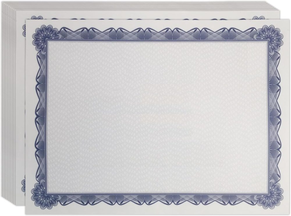 100 Sheet Diploma Certificate Paper, Blue Border, Letter Size Blank Paper, Specialty Award, Laser and Inkjet Printer Friendly, 8.5 x 11 Inches, 100 Count