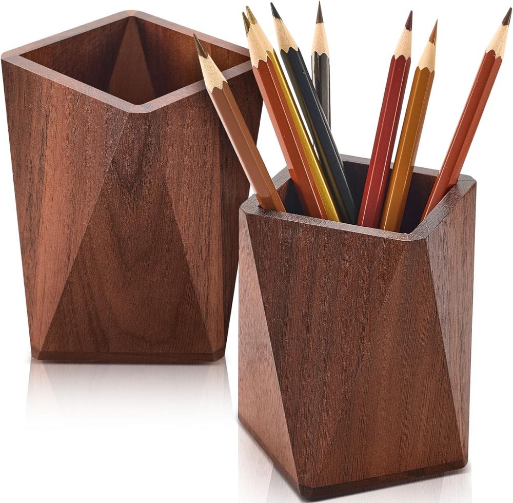 2 Pcs Wood Pen Pencil Holder Geometric Pencil Cup Stand Makeup Organizer for Pen Holder Desk Home Office Adults(Black Walnut)