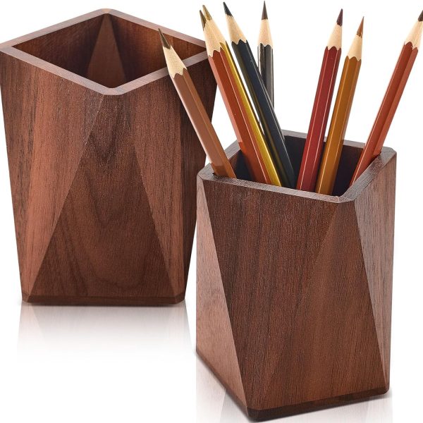 2 Pcs Wood Pen Pencil Holder Geometric Pencil Cup Stand Makeup Organizer for Pen Holder Desk Home Office Adults(Black Walnut)