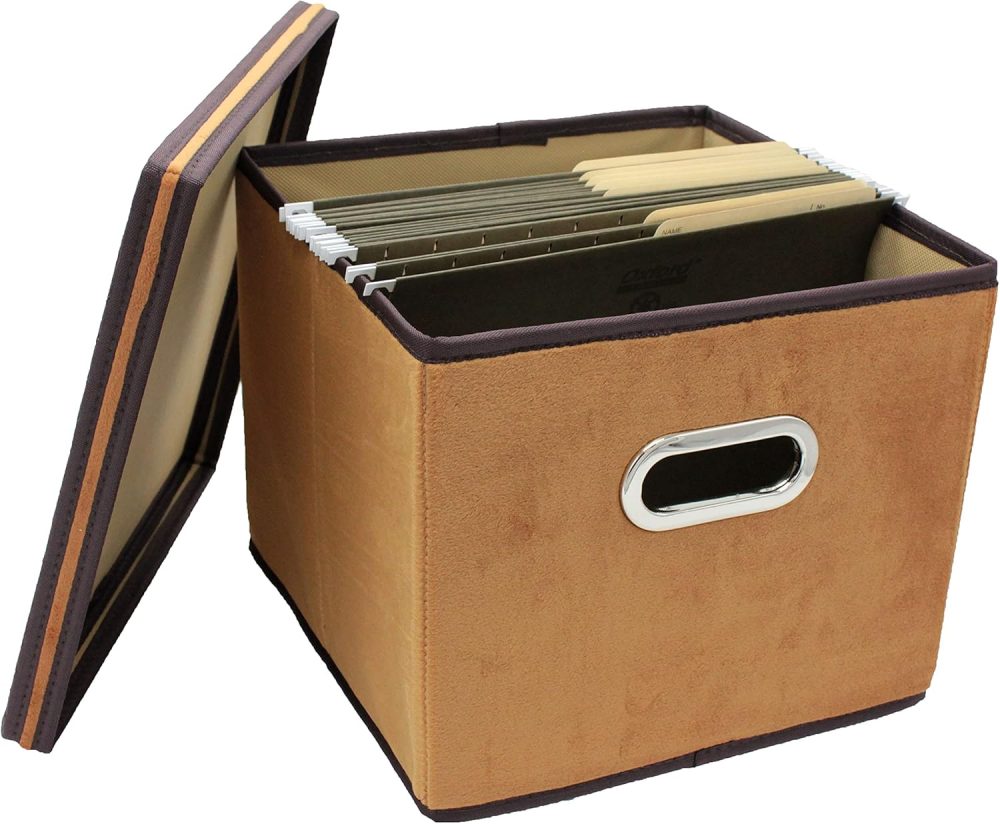 Brown Velvet Fabric Foldable File Cabinet Storage Box Shelf Organizer Hanging File Folder with Lid [2 Pack, Letter Size] - Image 2