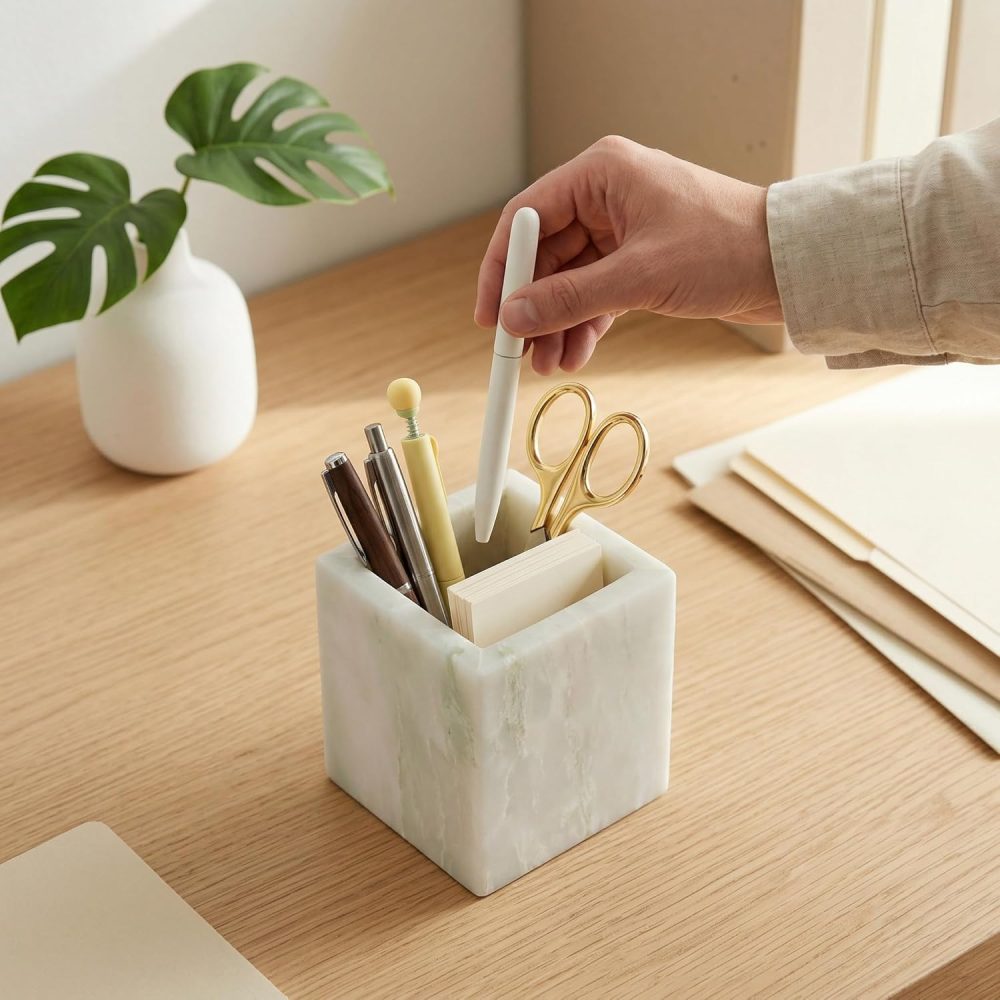 Natural Marble Pen Holder, 2.95" x 3.74" Square Hand-Polished Desk Pencil Cup, Multi-Functional Marble Organizer for Makeup Brushes, Kitchen Utensils, Office, Bathroom, Home Decor - Image 2
