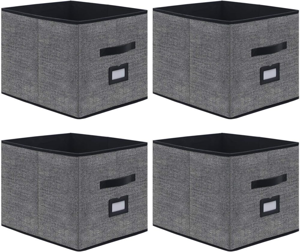 Extra Large Foldable Cloth Storage Cubes 4 Pack with Label Holders - Fabric Storage Bins Baskets Organizers for Home Office Nursery with Handles, 13 L x 15 W x 13 H Inch, Black,