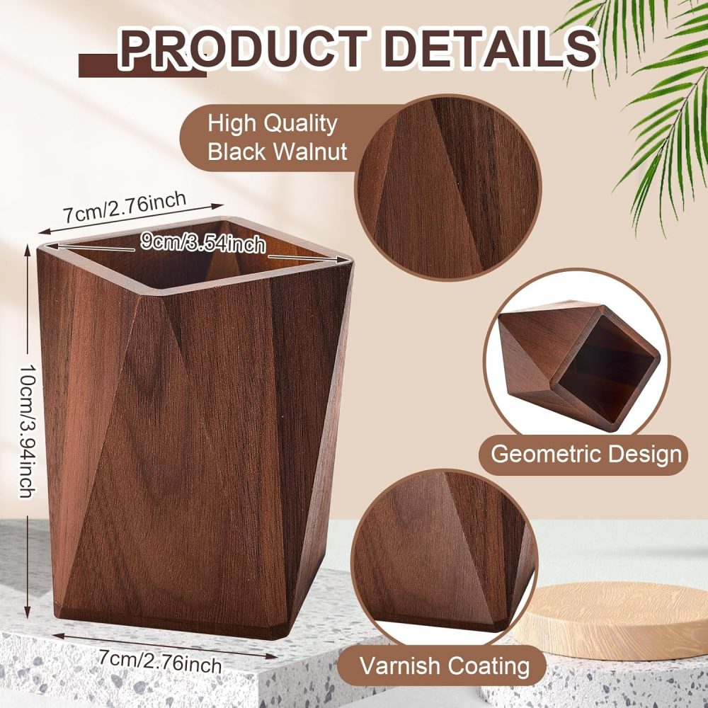 2 Pcs Wood Pen Pencil Holder Geometric Pencil Cup Stand Makeup Organizer for Pen Holder Desk Home Office Adults(Black Walnut) - Image 2