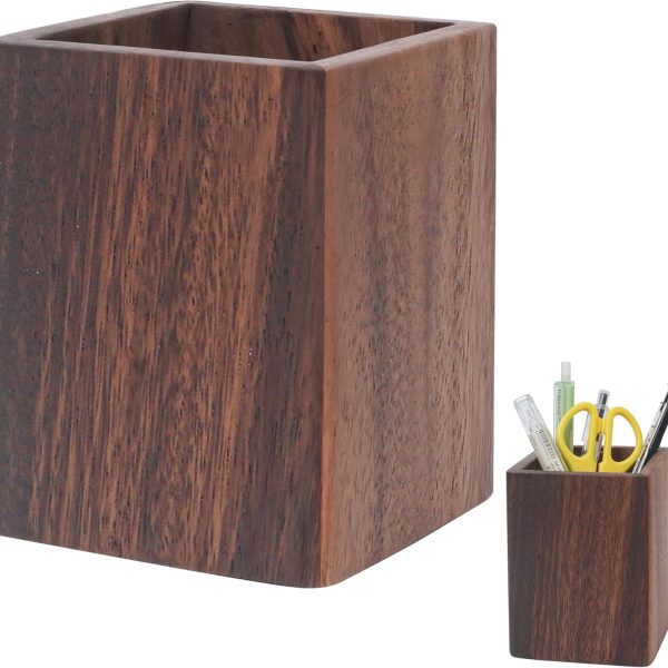 Wooden Pencil Holder for Desk, Wood Pen Black Walnut Cup Holder Square Handwork Natural Organizer Simple Stand for Pencils Make up Brushes Stationery Desks Offices Desk Desktop Decoration (Brown)