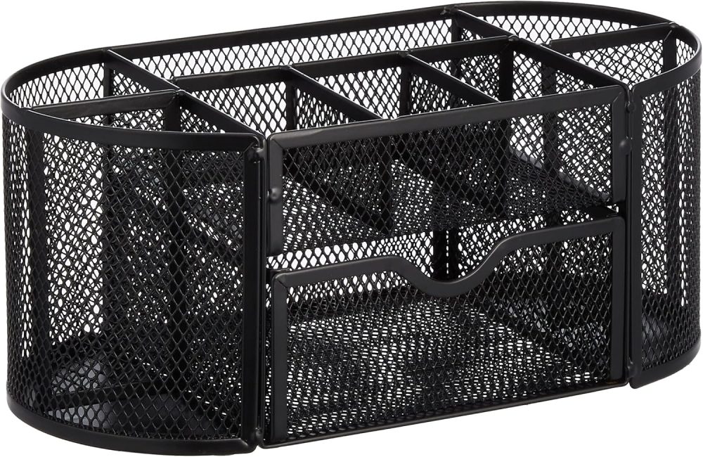 Mesh Desk Organizer with Pen Holder, Pullout Drawer and Office Caddy Storage, 9.25" x 4.53" x 3.94", Black